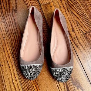 Enzo Angiolini Taupe Suede Ballet Flats with Spotted Pony Fur Cap Toe - size 8.5